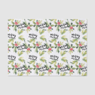 Papier Mousseline Aquarelle Holly verdure Motif Joyeux Noël