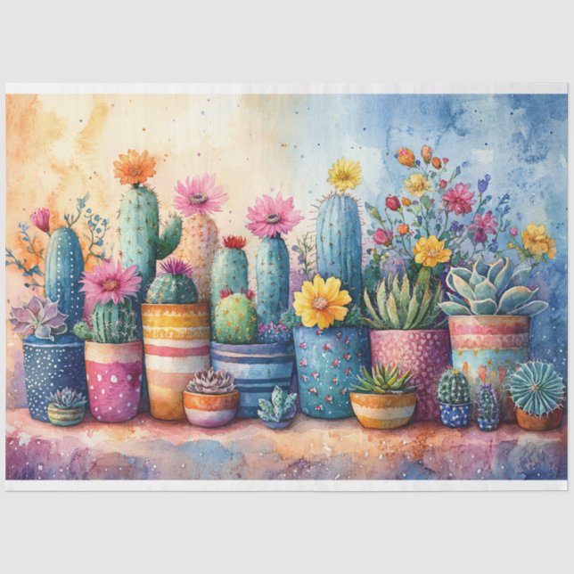Papier Mousseline Aquarelle Jardin Cactus et Fleurs Découpage (Recto)