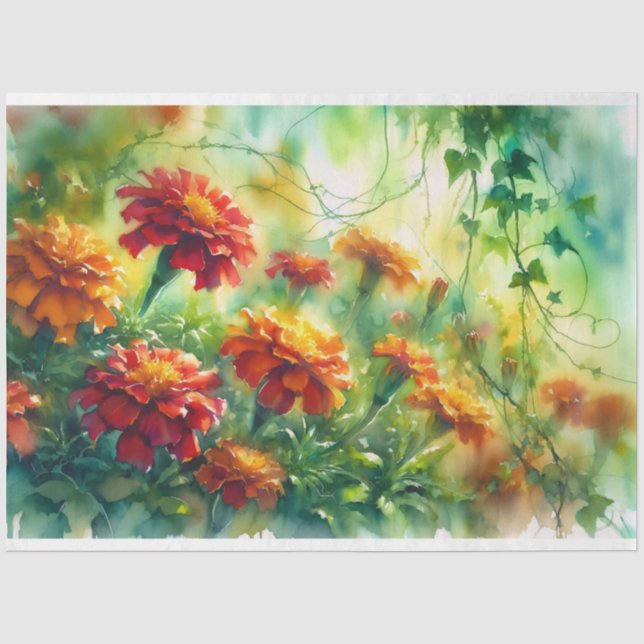 Papier Mousseline Aquarelle Marigolds et lierre Vins Découpage (Recto)