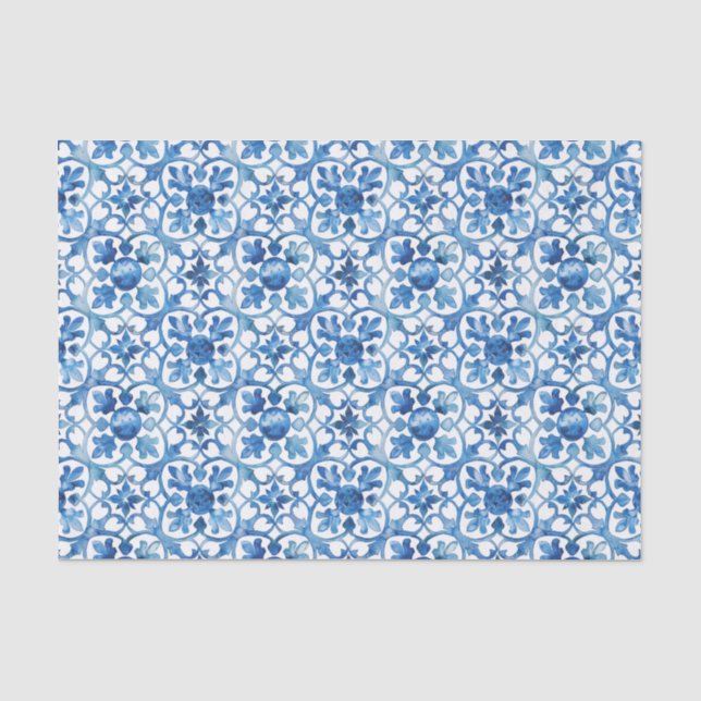 Papier Mousseline Aquarelle méditerranéenne bleu et blanc moderne (Recto)