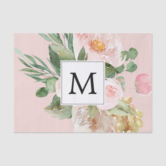 Papier Mousseline Aquarelle moderne Fleurs roses Monogrammes (Recto)