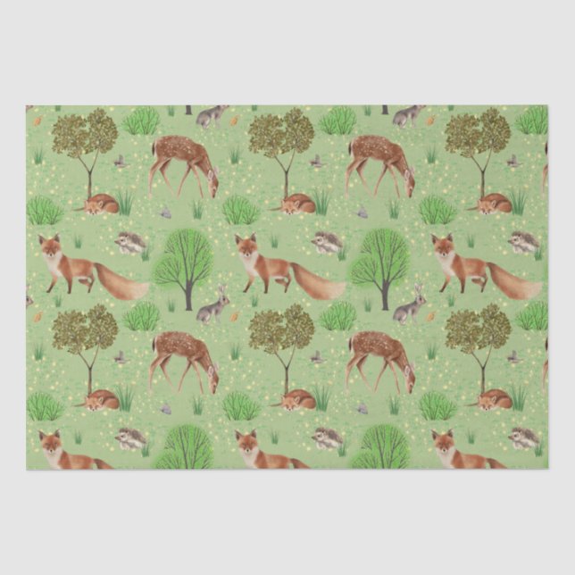 Papier Mousseline Aquarelle moderne mignonne Bois Animaux Pré (Recto)