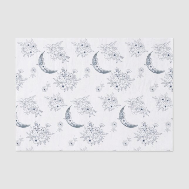Papier Mousseline Aquarelle Moon & Botanical Art Motif Blue-Grey (Recto)