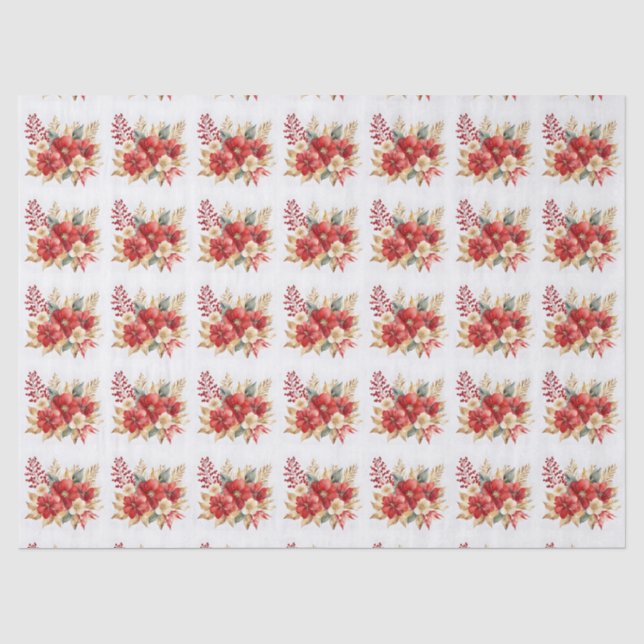 Papier Mousseline Aquarelle Noël Rouge or Floral (Recto)