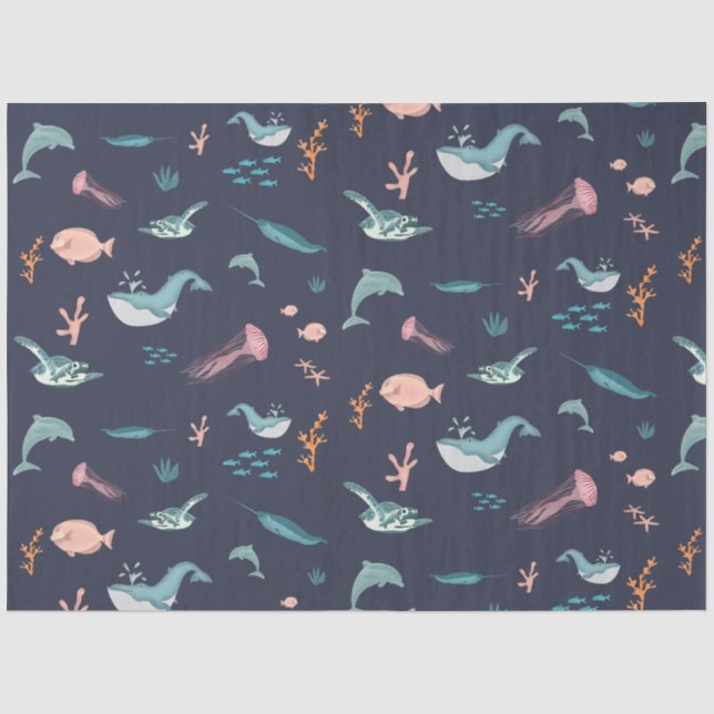 Papier Mousseline Aquarelle Océan Sea Animaux Motif bleu (Recto)