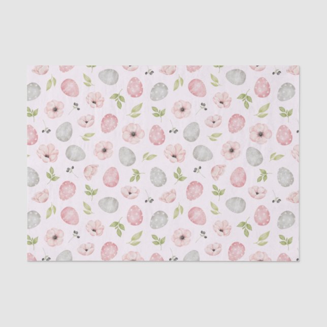 Papier Mousseline Aquarelle Oeufs peints de Pâques et fleurs rose (Recto)