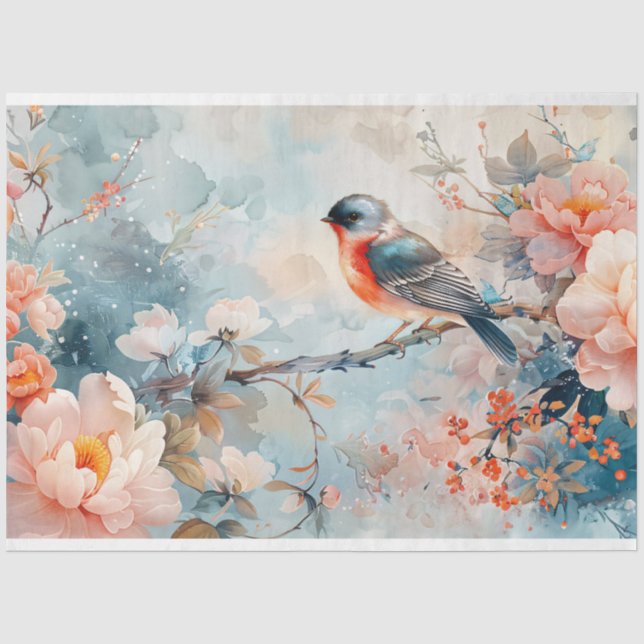 Papier Mousseline Aquarelle Oiseau et fleurs roses Découpage (Recto)