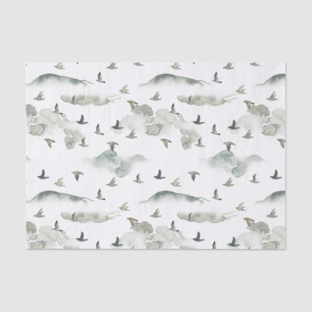 Papier Mousseline Aquarelle Oiseaux volants gris et blanc (Recto)