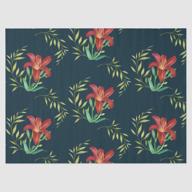 Papier Mousseline Aquarelle Orange Lily Illustration Turquoise foncé (Recto)