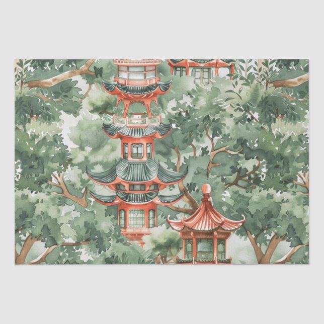 Papier Mousseline Aquarelle Pagode asiatique dans paysage verdoyant  (Recto)