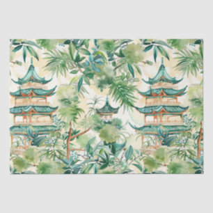 Papier Mousseline Aquarelle Pagode asiatique dans paysage verdoyant