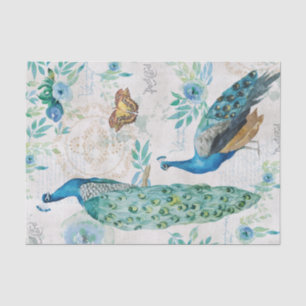 Papier Mousseline Aquarelle Peacock, papillons et fleurs bleues