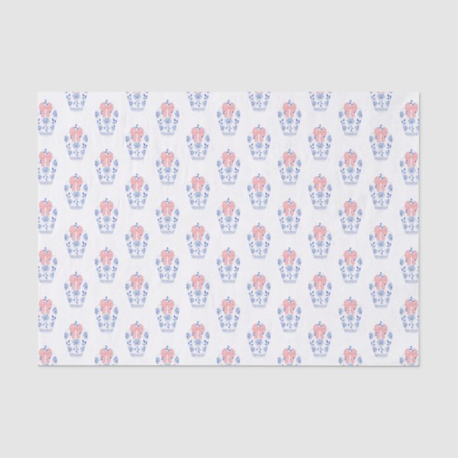 Papier Mousseline Aquarelle Preppy bleu blanc Chine Vase rose Bow (Recto)