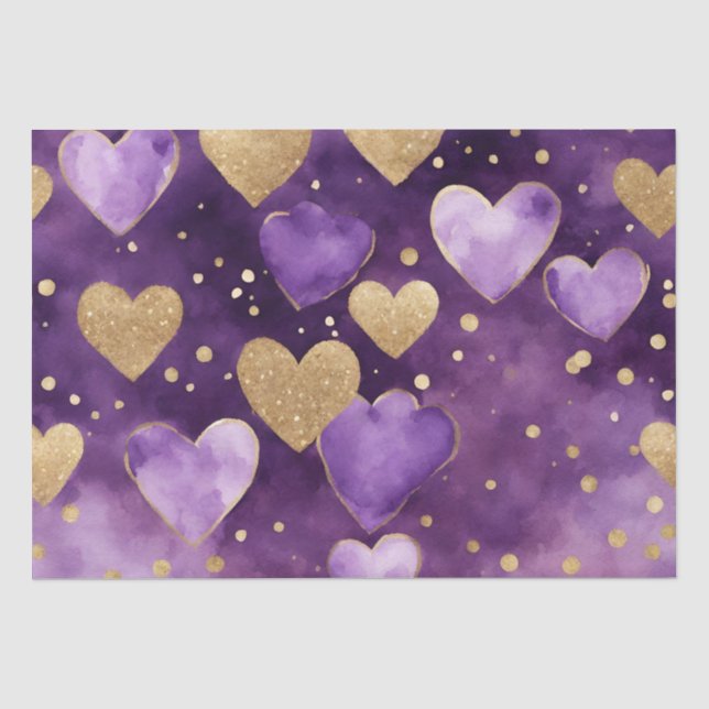 Papier Mousseline Aquarelle Purple et Gold Ink Valentines Coeurs (Recto)