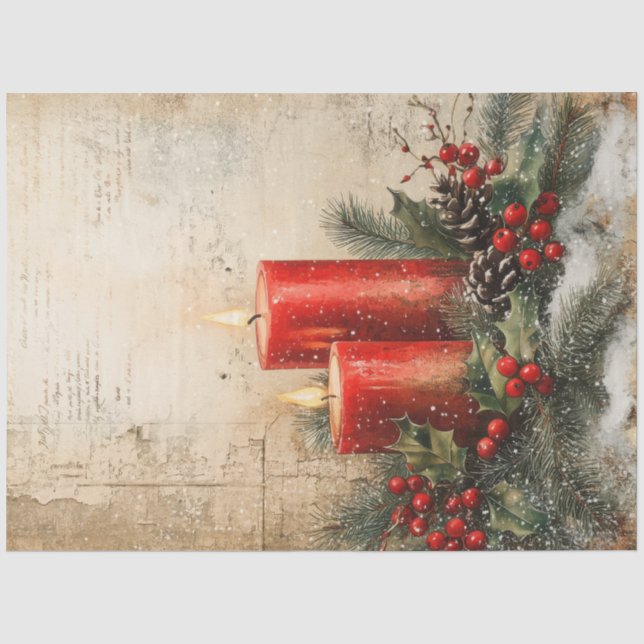 Papier Mousseline Aquarelle rétro Chandelles rouges de Noël (Recto)