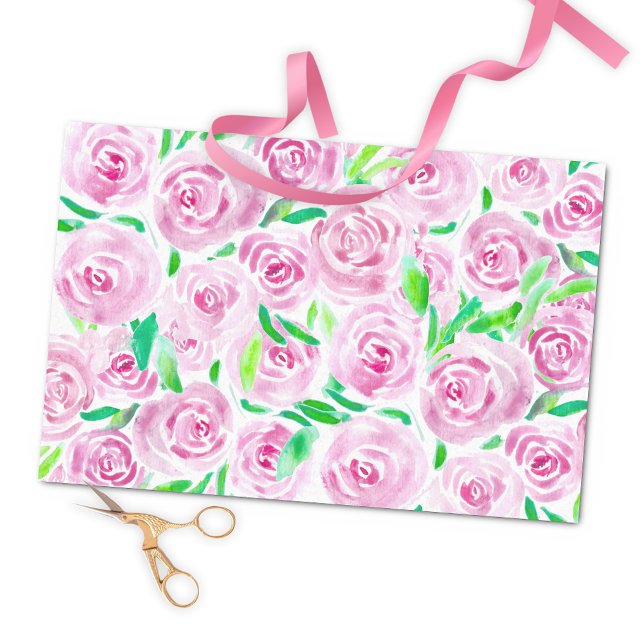 Papier Mousseline Aquarelle romantique Roses roses roses avec Feuill (Créateur téléchargé)