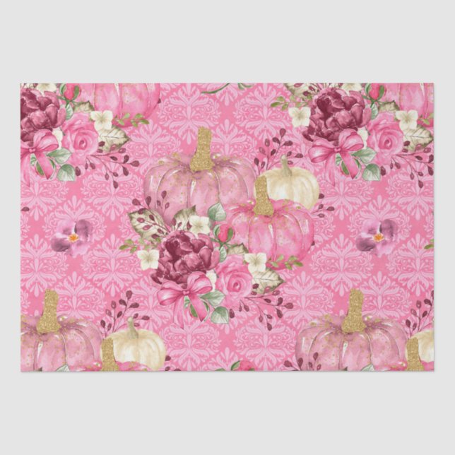 Papier Mousseline Aquarelle rose Citrouille floral sur modèle Damask (Recto)