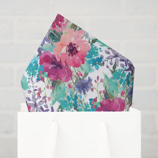 Papier Mousseline Aquarelle rose et pourpre Motif floral (Sac cadeau)