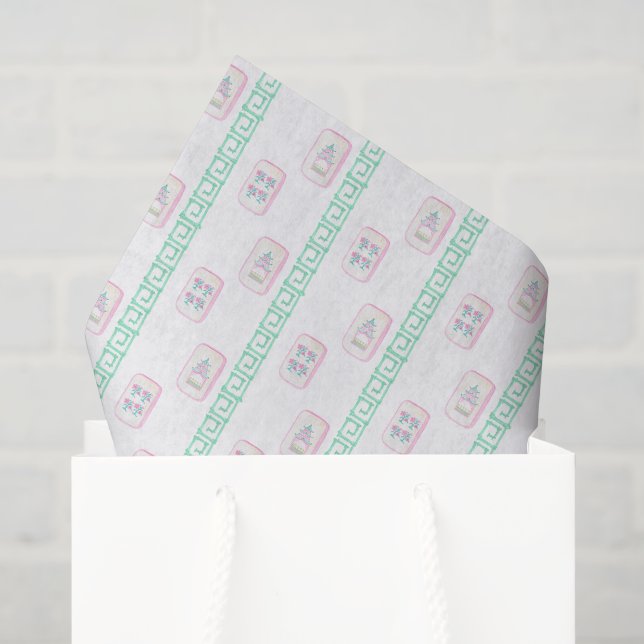 Papier Mousseline Aquarelle rose et vert Mahjong (Sac cadeau)