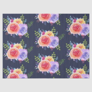 Papier Mousseline Aquarelle Rose motif floral sur bleu marine