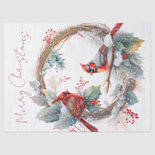 Papier Mousseline Aquarelle rouge cardinale Oiseau Noël d'hiver (Recto)