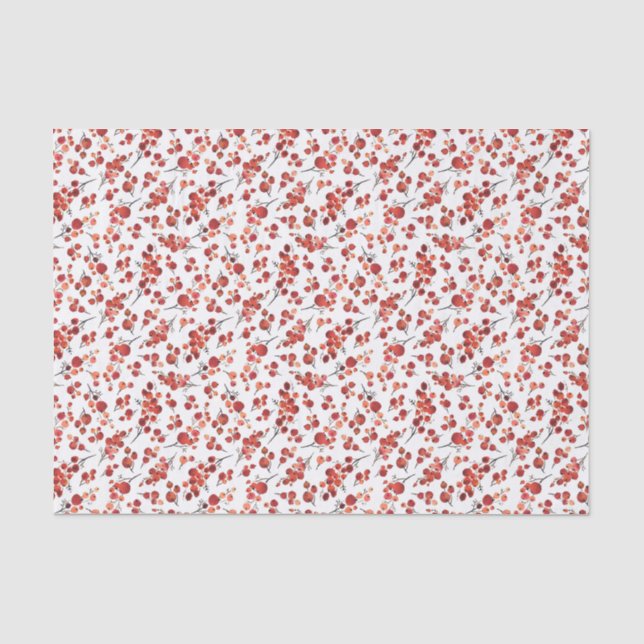 Papier Mousseline Aquarelle Rouge Winterberry Holly Motif de Noël (Recto)
