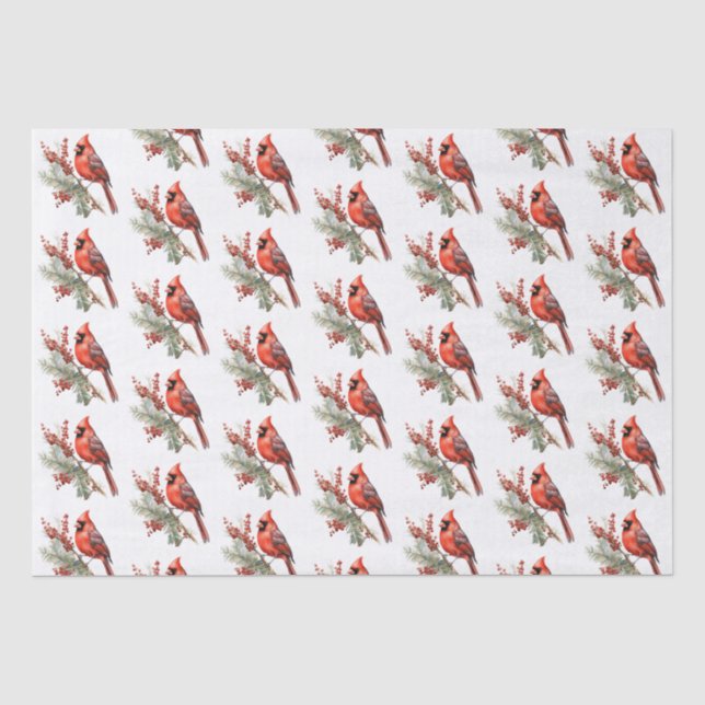 Papier Mousseline Aquarelle rustique Hiver Cardinal Holly Branche (Recto)