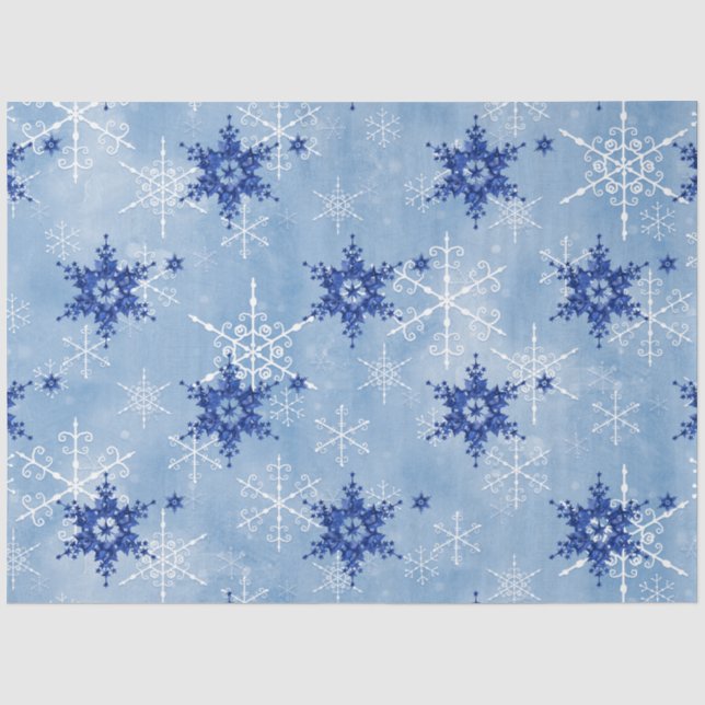 Papier Mousseline Aquarelle Snowflakes Marine Bleu et Blanc (Recto)