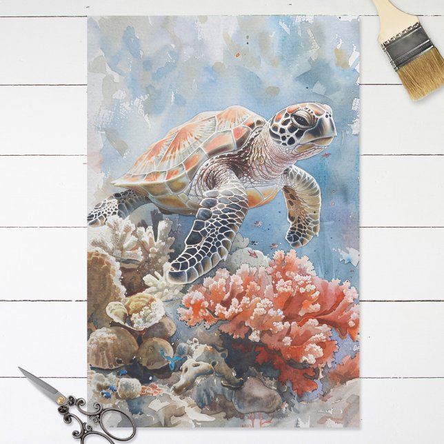 Papier Mousseline Aquarelle Tortue de mer et découpage de corail (Créateur téléchargé)