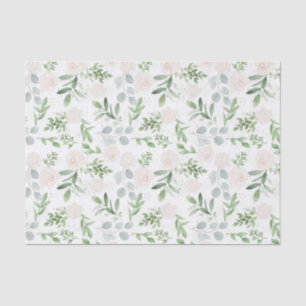 Papier Mousseline Aquarelle vert et fleurs blanches Motif