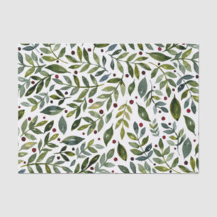 Papier Mousseline Aquarelle verte branches saisonnières et baies