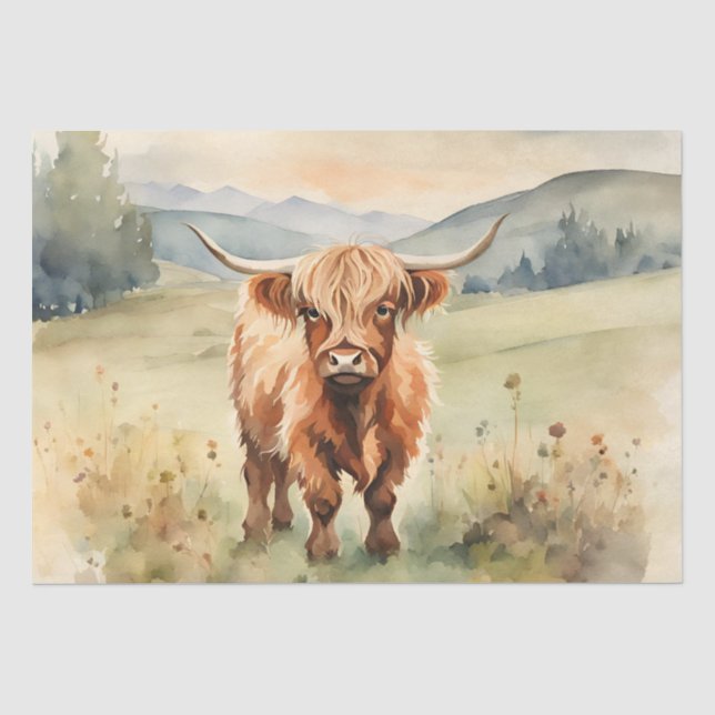 Papier Mousseline Aquarelle vintage Highland Calf découpage 10"x15" (Recto)