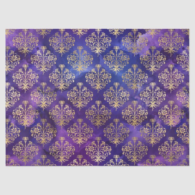 Papier Mousseline Aquarelle violet Motif avec Gold Damask (Recto)