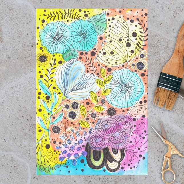 Papier Mousseline Aquarelle vive et fleurs de gribouillis d'encre (Créateur téléchargé)
