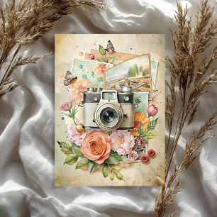 Papier Mousseline Aquarelle Voyage retro caméra vieilles photos rose