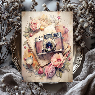 Papier Mousseline Aquarelle Voyage retro caméra vieilles photos rose