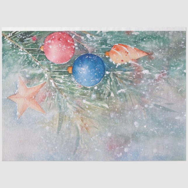 Papier Mousseline Aquarelle Whimsical Stars Balls sur l'arbre de Noë (Recto)