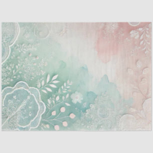 Papier Mousseline Aquarelles pêche et vert et dentelle