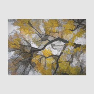 Papier Mousseline Arbre d'automne jaune feuilles grises ciel