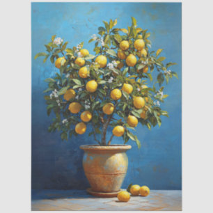 Papier Mousseline Arbre de citron en pot d'argile avec fleurs