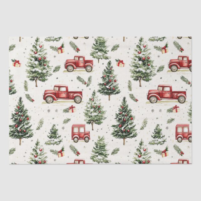 Papier Mousseline Arbres de Noël avec vieux camions rouges (Recto)