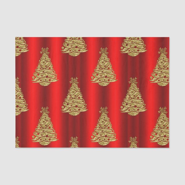 Papier Mousseline Arbres de Noël dorés en rouge (Recto)