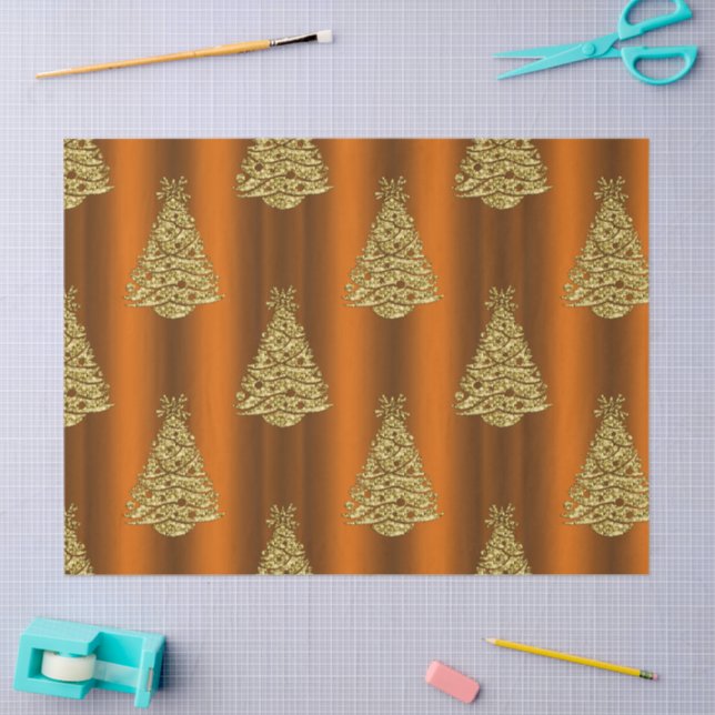 Papier Mousseline Arbres de Noël dorés sur Orange (Artisanat)