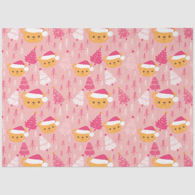 Papier Mousseline Arbres de Noël et Nounours Noël rose (Recto)