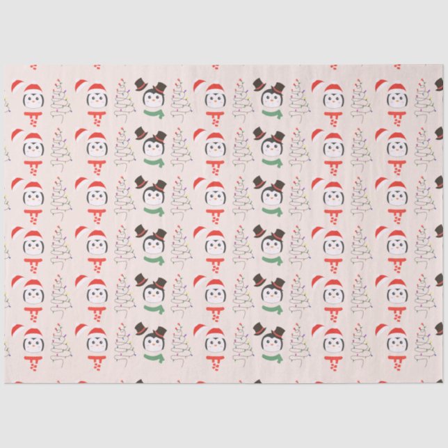 Papier Mousseline Arbres de Noël et pingouins Noël beige (Recto)