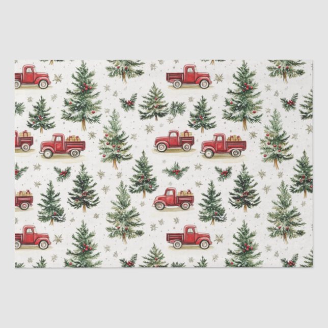 Papier Mousseline Arbres de Noël et vieux camions rouges (Recto)