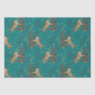 Papier Mousseline Arbres de Noël & tigres motif sur turquoise
