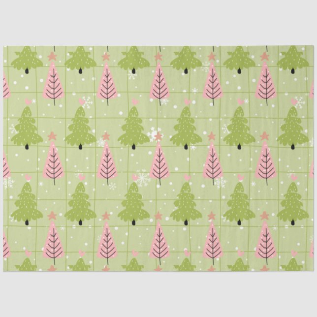 Papier Mousseline Arbres de Noël verts et roses Étoiles Noël (Recto)