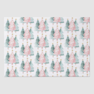 Papier Mousseline Arbres de Noël verts roses étoiles d'or