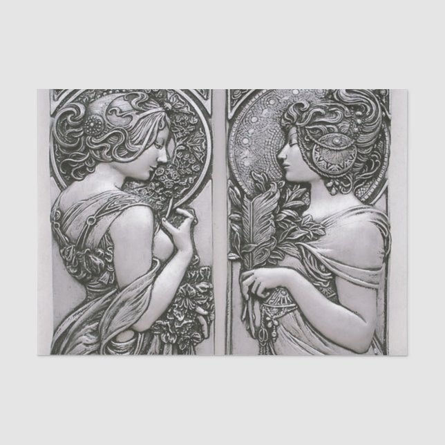 Papier Mousseline Argent, Art nouveau, design, femelles, Mucha, beau (Recto)